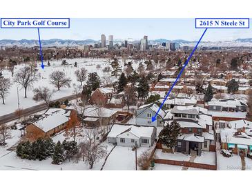 Aerial view of home with City Park Golf Course and Denver skyline in background at 2615 N Steele St, Denver, CO 80205