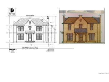 Elevation schematic of a Cotswolds inspired home featuring limestone veneer and brick accents at 1160 N Dahlia St, Denver, CO 80220