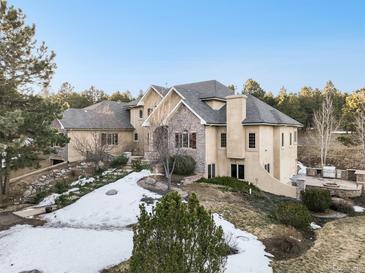 Stunning luxury home with stone accents, lush landscaping, and a beautiful outdoor living space at 18720 Lake Dr, Monument, CO 80132