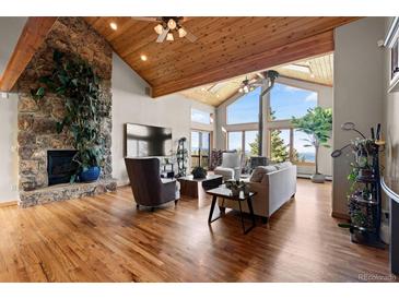 Spacious living room featuring a stone fireplace, vaulted ceilings, and scenic mountain views at 30717 Conifer Mountain Dr, Conifer, CO 80433
