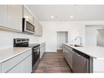 Modern kitchen featuring stainless steel appliances and light gray cabinetry at 19079 E 94Th Pl, Commerce City, CO 80022
