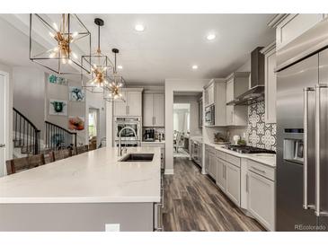 Modern kitchen boasts pendant lighting, stainless steel appliances, and a large island perfect for entertaining at 5964 E 141St Ave, Thornton, CO 80602