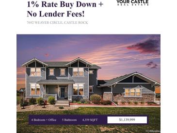 Inviting two-story home features a beautifully landscaped yard and classic architectural details at sunset at 7692 Weaver Cir, Castle Rock, CO 80104