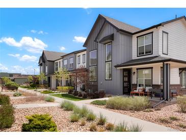 Charming townhomes with modern gray and white exteriors, neat landscaping, and inviting sidewalks under a bright blue sky at 19593 W 93Rd Ln # E, Arvada, CO 80007
