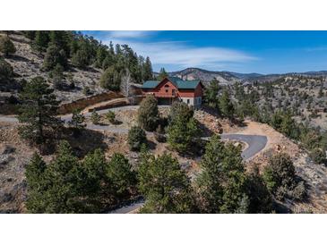 Mountain home with wrap-around driveway, lush trees, and scenic views at 804 Clear Creek Rd, Evergreen, CO 80439