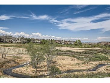 Scenic view of the neighborhood featuring lush greenery and houses under a partly cloudy sky at 3181 Firenze Pl, Highlands Ranch, CO 80126