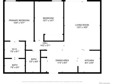 Home floor plan showing layout of primary bedroom, bedroom, living room, dining area, kitchen, hall, and bathroom at 2281 Vaughn # 104A, Aurora, CO 80014