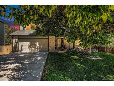 Charming home with a two-car garage, a lush green lawn, and a mature tree offering shade at 3647 S Uravan St, Aurora, CO 80013