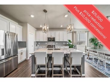 Beautiful kitchen featuring a large island with seating, stainless steel appliances, and modern lighting fixtures at 17382 Bluetrail Ave, Parker, CO 80134