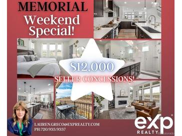 Real estate ad featuring a kitchen, bedroom, bath, dining, and balcony with seller concessions at 11027 Sunshimmer Cir, Parker, CO 80134