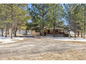 Ranch home featuring a large gravel driveway, an attached two-car garage, and mature trees on a spacious lot at 482 Panorama Dr, Elizabeth, CO 80107