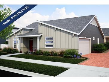 Craftsman style home with gray siding, red door, and two-car garage at 21925 E 51St St, Aurora, CO 80019