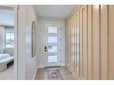 Bright entryway with modern white door, wood-look floors, and stylish vertical panel accent wall, enhanced by natural light at 4102 Estrella St, Brighton, CO 80601