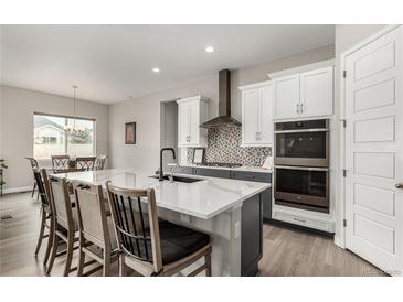 Modern kitchen features a large island with seating and white cabinets with stainless steel appliances at 5839 Hay Market Trl, Parker, CO 80134
