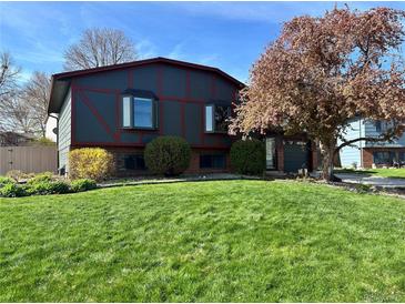 Charming home featuring well-maintained lawn, mature trees, and unique dark gray and red exterior paint scheme at 12452 W Dumbarton Pl, Morrison, CO 80465