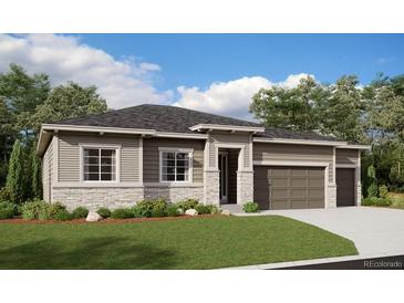 Charming single-story home featuring a well-manicured lawn, stone accents and a two-car garage at 4742 Twelve Oaks Way, Castle Rock, CO 80104
