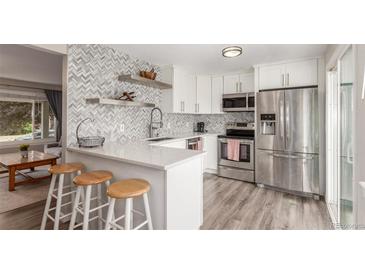 Stylish open kitchen featuring modern stainless steel appliances and white cabinets at 3841 W Quinn Pl, Denver, CO 80236
