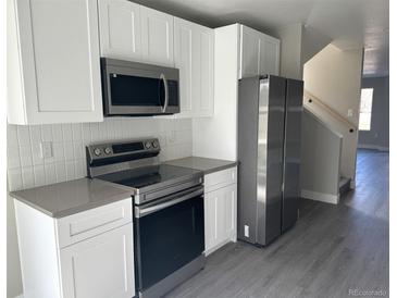 Modern kitchen features stainless steel appliances, sleek countertops, and white cabinetry at 1642 N Lafayette St # 2, Denver, CO 80218