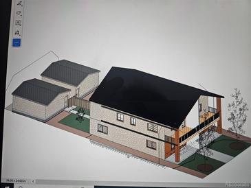 3D rendering of a two-story house with attached garage and additional detached structure at 1371-1373 Wolff St, Denver, CO 80204