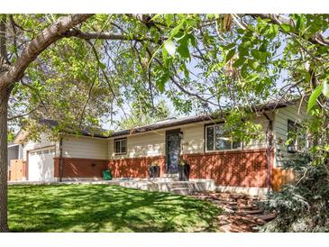 Charming ranch style home featuring a well manicured lawn, brick accents, and mature shade tree at 6470 Field St, Arvada, CO 80004