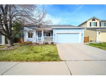 Charming light blue single-Gathering home with well-maintained lawn and two car garage at 9765 Merimbula St, Highlands Ranch, CO 80130