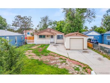 Charming single-story home featuring a detached garage, front porch, and a well-manicured lawn at 1057 S Osceola St, Denver, CO 80219