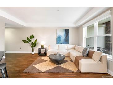 Bright living room featuring a comfortable sectional sofa, stylish rug, and modern decor at 2240 N Clay St # 309, Denver, CO 80211
