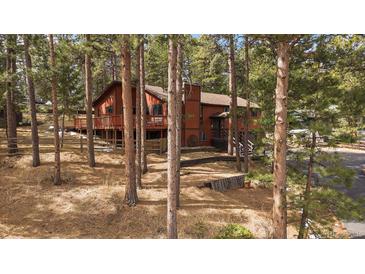 Wood-sided home featuring a chimney, multiple decks, and a partially wooded lot at 28630 Pine Dr, Evergreen, CO 80439