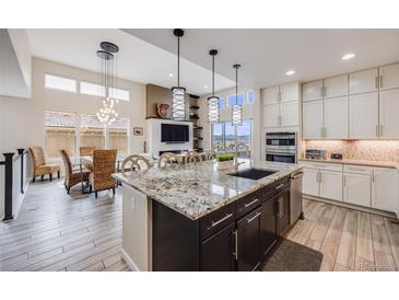 Bright kitchen features a large island with granite countertops, dark cabinetry, and stainless steel appliances at 817 Backcountry Ln, Highlands Ranch, CO 80126