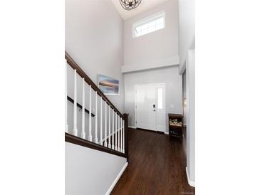 Bright entryway with hardwood floors and staircase at 8177 Oak Briar Way, Castle Pines, CO 80108