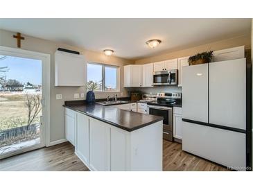 Modern kitchen features stainless steel appliances, white cabinetry, and dark countertops with an adjacent breakfast bar at 11058 Grange Creek Dr, Thornton, CO 80233