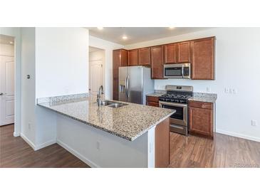 This modern kitchen features stainless steel appliances, stylish wood cabinets, and granite countertops at 4605 Copeland Loop # 103, Highlands Ranch, CO 80126