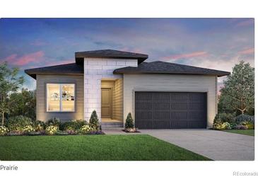 Stunning modern home boasts sleek lines, a dark gray garage door, and a manicured lawn at 6367 Verve Ln, Parker, CO 80134