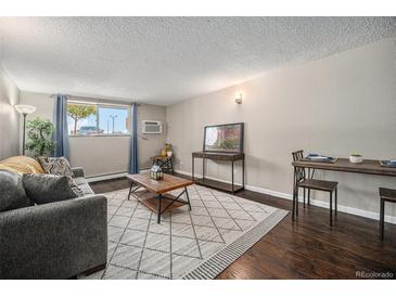 Bright living room with wood floors, area rug, grey sofa and view from the window at 3047 W 47Th Ave # 109, Denver, CO 80211