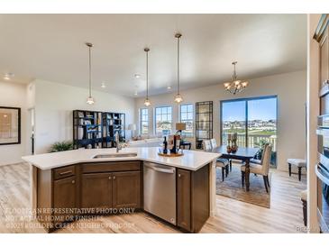 Open-concept kitchen featuring a large island, stainless steel appliances, and views of the neighborhood at 903 W 129Th Pl, Westminster, CO 80234