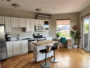 Modern kitchen featuring white cabinets, stainless steel appliances, and an island with bar seating at 1441 Central # 305, Denver, CO 80211