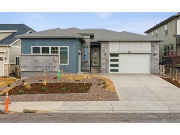 Modern home featuring a two-car garage and contemporary landscaping at 8607 Yellowcress St, Littleton, CO 80125