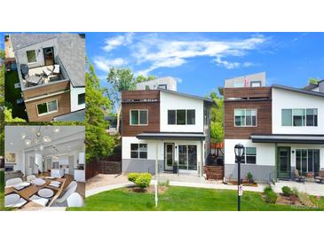 Contemporary two-story home with mixed siding, a manicured lawn, and inviting front porch at 4035 Fenton Ct, Wheat Ridge, CO 80212