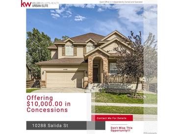 Two-story house with beige siding, brick accents, and a landscaped lawn at 10288 Salida St, Commerce City, CO 80022