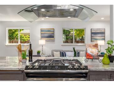 Modern kitchen with stainless steel range and hood, plus stylish decor and view to living space at 6490 E Dakota Ave, Denver, CO 80224