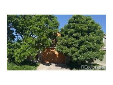 Exterior view of the property with mature trees in front of a home with a two-car garage and blue sky at 4372 E Andover Ave, Castle Rock, CO 80104