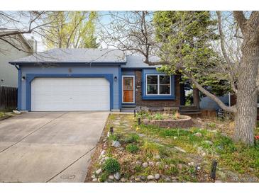 Charming blue single-Gathering home featuring a well-maintained lawn, garden bed, and a two-car garage at 247 Regal St, Louisville, CO 80027