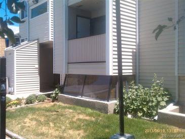 A townhouse backyard featuring a small lawn and a below ground window to the basement at 10762 E Exposition Ave. Ave # 137, Aurora, CO 80012