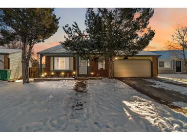 Brick ranch home with attached garage, snowy front yard, and mature trees at 8478 Prairie Clover Way, Parker, CO 80134