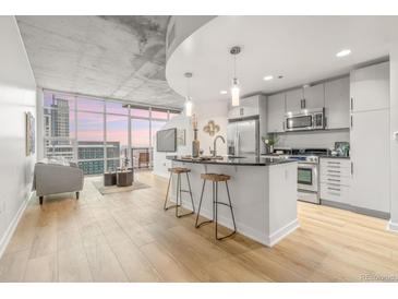 Modern kitchen with granite countertops, stainless steel appliances, and counter seating open to city views at 891 14Th St # 2914, Denver, CO 80202