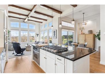 Contemporary kitchen island with a gas stovetop, views of the living area, and access to the outdoors at 7850 Vallagio Ln, Englewood, CO 80112