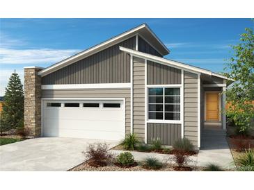 Modern single-story home with gray siding and attached garage at 9274 Biscay St, Commerce City, CO 80022