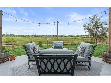 Inviting outdoor patio area with comfortable seating and string lights, perfect for relaxing and entertaining with a beautiful view at 5864 Turnstone Pl, Castle Rock, CO 80104