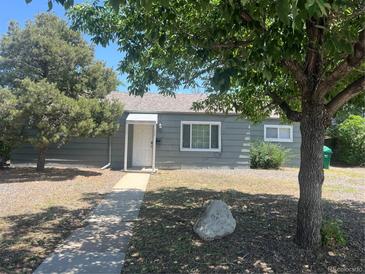 A charming single-story home with a gray exterior, surrounded by mature trees and a sidewalk leading to the entrance at 772 Victor St, Aurora, CO 80011
