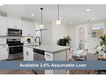 Bright, open kitchen featuring stainless steel appliances, a large island, and ample cabinet space at 2729 W 28Th Ave # 302, Denver, CO 80211